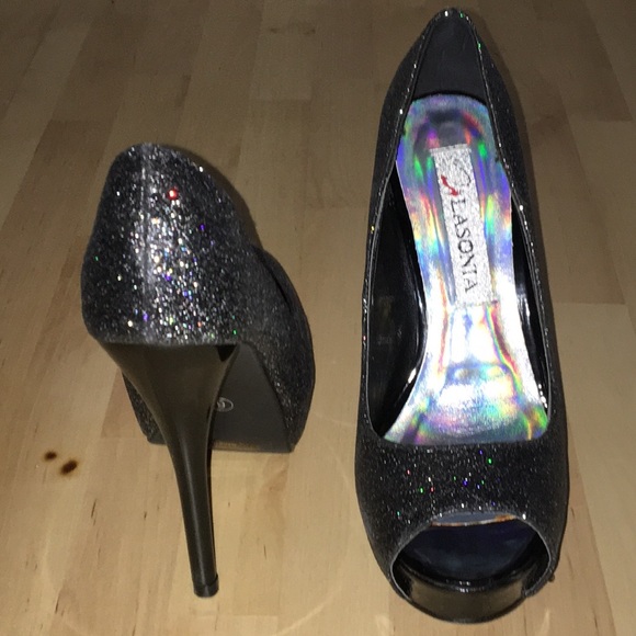 ✨ Black Glitter Peep Toe Heels - Picture 3 of 4